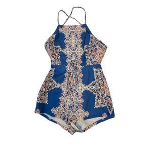 Free People Blue Floral Cotton blend Open Back Shorts Romper size 0